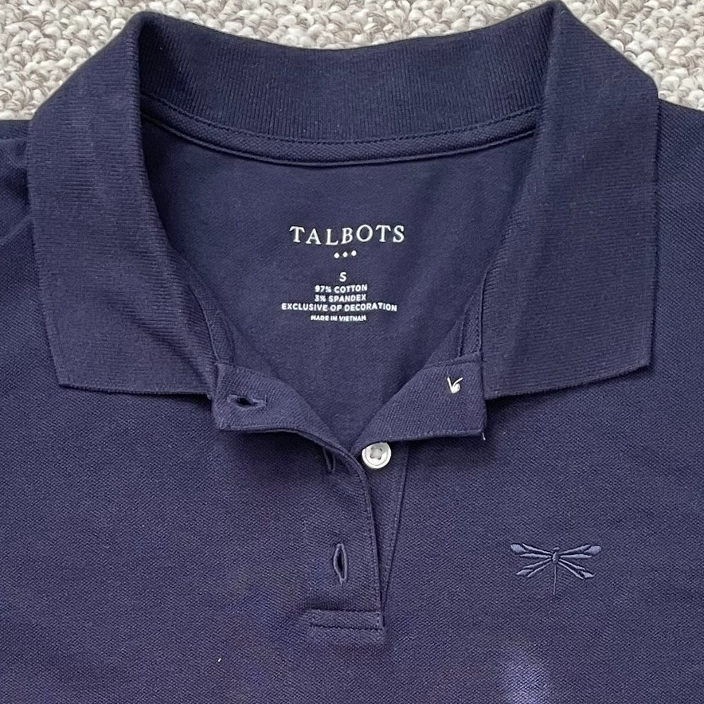NWT Talbots Polo Shirt Navy Blue Golf Dragonfly Logo Cap Sleeve Size S - Picture 3 of 6